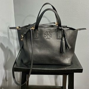 Tory Burch Thea Slouchy Satchel Crossbody • Black Pebbled Leather